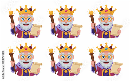 Majestic old cartoon king, a wise royal emperor and leader, holding a golden scepter and rolled decree scroll, representing authority, law, power, and guidance; perfect vector illustration for fantasy
