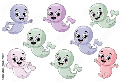 Cheerful, cute baby ghosts cartoon illustration floating and waving happily, a friendly group of colorful pastel spirits and adorable phantoms isolated on white, great vector graphic for playful nurse