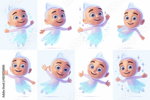 Adorable stylized baby water droplet spirit character mascot bouncing happily and jumping joyfully with arms wide open, representing purity, freshness, hydration, and safety in digital marketing, prod
