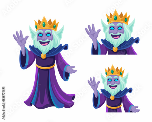 Enchanting cartoon fantasy king character wearing a flowing royal purple robe and elaborate golden crown, happily waving hello; friendly mythical elder monarch vector illustration for use in gaming, m
