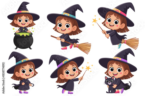 Cute cartoon vector illustration set featuring a cheerful little witch girl character performing diverse magical Halloween actions like stirring a bubbling green potion in a cauldron, flying high on a