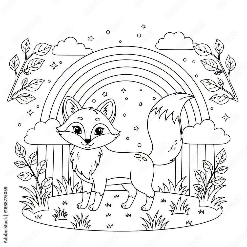 Fototapeta premium A charming fox stands in a whimsical landscape under a rainbow and stars