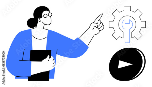 Professional training, business strategy, technical guidance, innovation, education, teamwork. Woman pointing at gear and tool symbol with play button. Training and business strategy concept