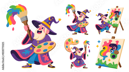 Whimsical wizard artist character creating vibrant abstract artwork on an easel, holding a magical paintbrush dripping rainbow colors and a palette, perfect vector illustration for creativity, inspira