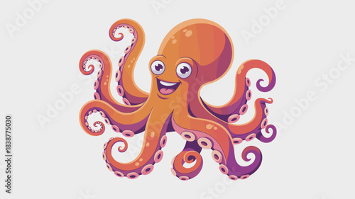 Cheerful vibrant cartoon orange and purple octopus character happily smiling, featuring expressive curling tentacles and suction cups, isolated vector graphic design illustration perfect for kids' edu