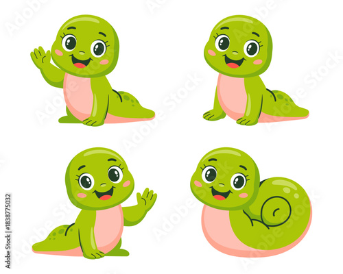 Cute cartoon baby green snail or slug mascot character set in cheerful vector illustration poses, isolated on white, ideal for playful kid's educational material, animated sticker design, welcoming we