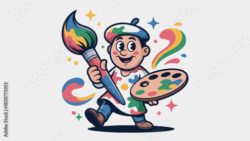 Joyful cartoon artist mascot character holding a giant vibrant multi-colored paint brush and palette, symbolizing creativity, artistic inspiration, graphic design, and educational concepts for marketi