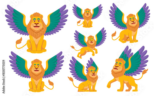 Vibrant, regal winged lion characters vector collection illustrating mythological fantasy beasts and ancient creatures in a dynamic set of sitting and running poses, perfect for mascot design, educati
