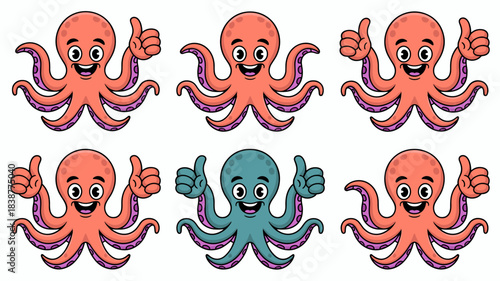 Six friendly cartoon octopus mascots, five pink and one turquoise, happily giving a double thumbs up sign, representing positive feedback, agreement, success, and high quality assurance for fun advert