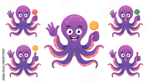 Adorable purple octopus mascot character vector set waving hello, giving a cheerful thumbs-up, and holding various colorful objects like a lollipop or ball; cute flat cartoon design for children's edu