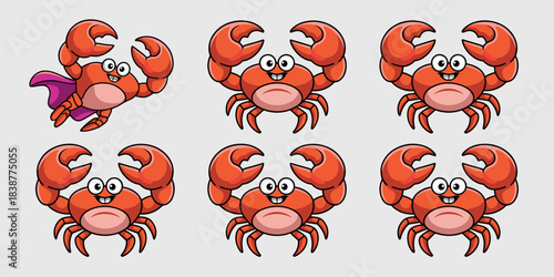 Cute cartoon superhero crab flying with a purple cape alongside a collection of happy orange marine characters raising their claws, isolated vector illustration for children's marketing, fun nautical