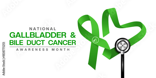 National Gallbladder And Bile Duct Cancer Awareness Month. Heart shape ribbon and stethoscope. Great for cards, banners, posters, social media and more. White background. 