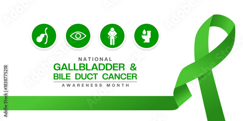 National Gallbladder And Bile Duct Cancer Awareness Month. Gallbladder, eye, people, toilet and green ribbon. Great for cards, banners, posters, social media and more. White background. 