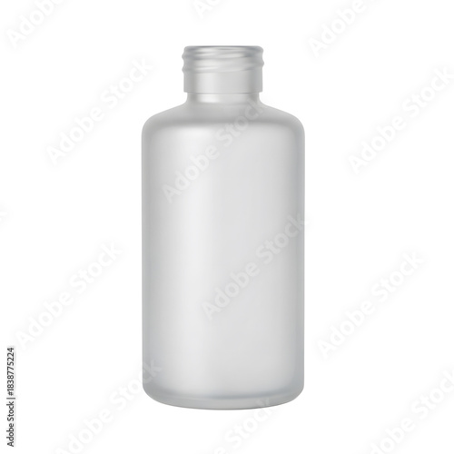 Frosted white cosmetic bottle mockup with silver screw cap on transparent background