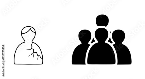 This compelling graphic visually contrasts a solitary, cracked individual icon, symbolizing vulnerability, with a unified group silhouette, representing collective strength and community support.