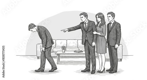 An illustration depicting a dejected employee being fired by his superior, highlighting themes of job loss, corporate termination, and professional disappointment.