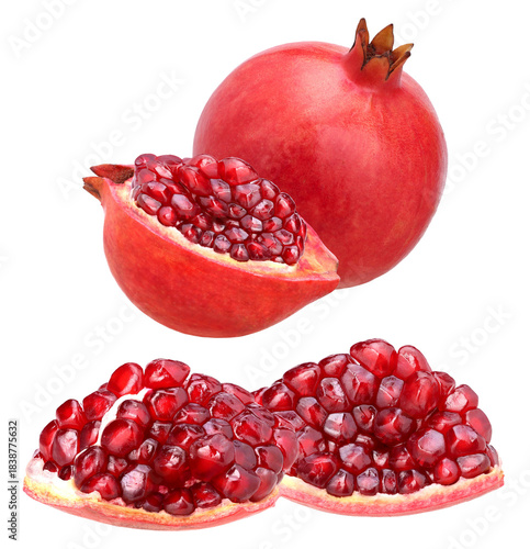 vibrant fresh pomegranates, featuring one whole fruit and two open halves revealing succulent, nutrient-rich arils, on black.