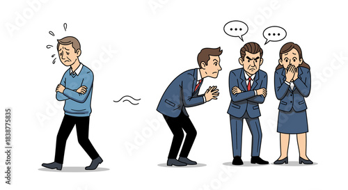 An illustration showing a sad man walking away while two colleagues gossip and talk negatively about him, causing distress and social anxiety in the workplace.