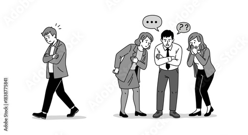An isolated man walks away, arms crossed, from three observing colleagues, illustrating social exclusion, misunderstanding, and office problems.