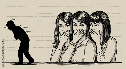 A distressed individual walks away in shame as three women whisper and gossip behind their hands, illustrating the painful impact of social exclusion and bullying.