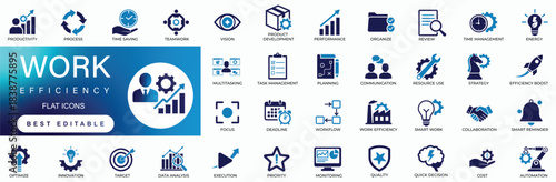  Work efficiency flat icon set featuring business productivity, workflow, time management, optimization, teamwork, and speed performance vector symbols
