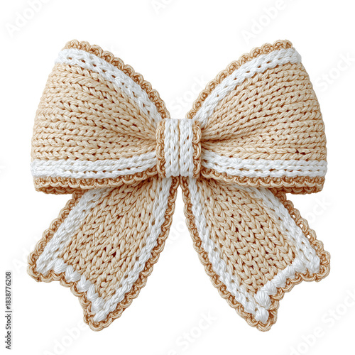 Isolate transparent with cute crochet ribbon bow decoration ,handmade yarn craft crochet  ribbon bow plush ,festive ornament featuring crochet ribbon bow design ,PNG die-cut for advertising 