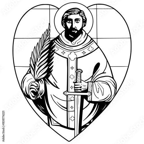 Saint Valentine Iconography. Black and white vector line art of Saint Valentine, the patron saint of love and marriage, holding a sword and martyr's palm inside a heart.