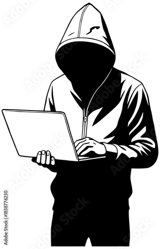 Hacker Silhouette with Laptop. Black and white vector illustration of a mysterious figure in a hoodie with an obscured face, typing on a laptop.