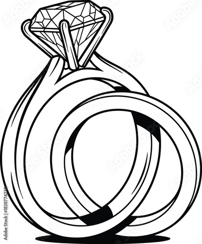 Diamond Engagement Ring Vector Illustration, Luxury Wedding Jewelry Graphic, Solitaire Gemstone Outline.