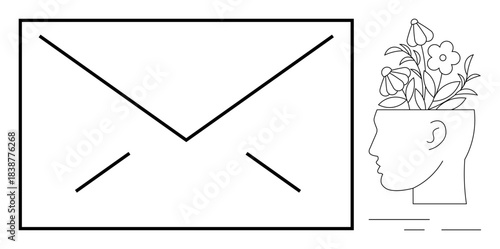 Minimalist envelope and human head sprouting flowers highlight themes of creativity, self-expression, and communication. Ideal for mental growth, innovation, letter-writing, mindfulness, knowledge