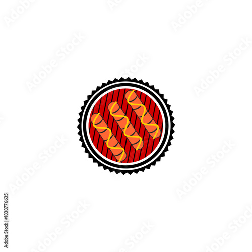 Grilled Hot Dogs with Mustard on a Circular Badge