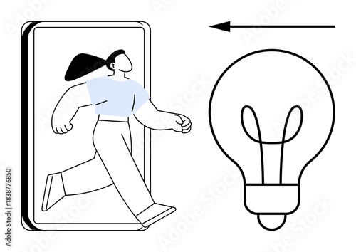 Creativity concept. Creativity ed as a woman emerging from a phone and a lightbulb denoting innovation. Creativity driving ideas, solutions, progress, brainstorming. Perfect for tech, inspiration