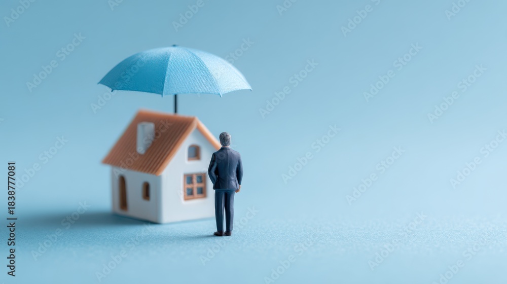 Fototapeta premium A businessman in a suit holds a blue umbrella over a miniature house. This scene represents the idea of home insurance and property protection in a studio setting with simple background