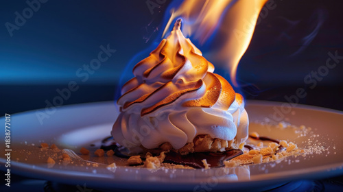 Flaming Baked Alaska Dessert with Toasted Meringue on Plate