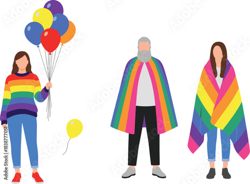 Diverse group celebrating LGBTQ+ Pride with rainbow flag, colorful balloons, and vibrant sweaters.