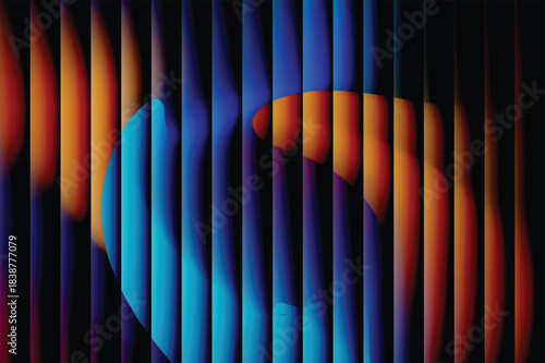 Abstract vertical stripes of blue and orange intersecting a mysterious spherical form