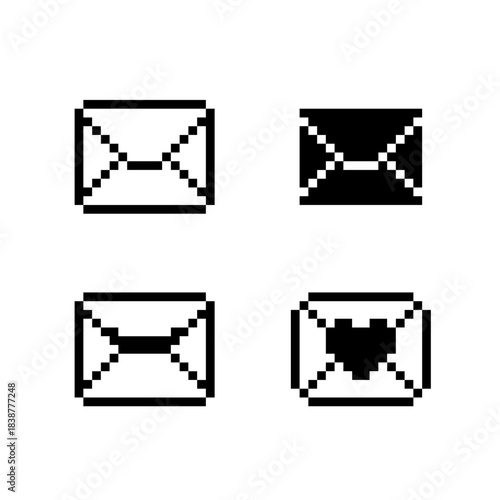 Pixel art envelope icon set with open, closed, filled, and love letter variations. Retro 8-bit style for UI design, messaging apps, email interfaces, notifications, and games.