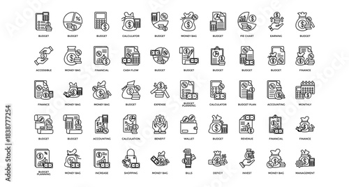 Budgeting icon set collection. Containing invest, increase, bills, planning, management, plan, support .Line vector icons collection