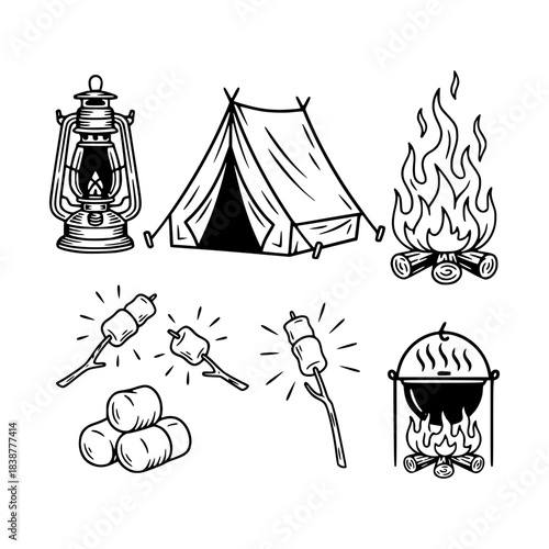 Camping equipment vector silhouette illustration featuring a tent campfire lantern and roasting marshmallows for outdoor adventures.