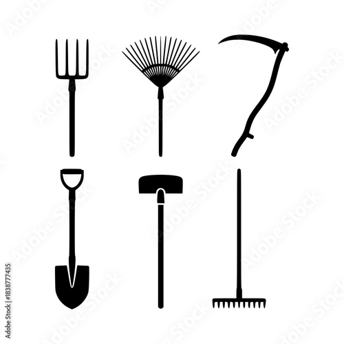 Collection of essential garden and farm tools vector silhouette on a clean white background for agricultural projects