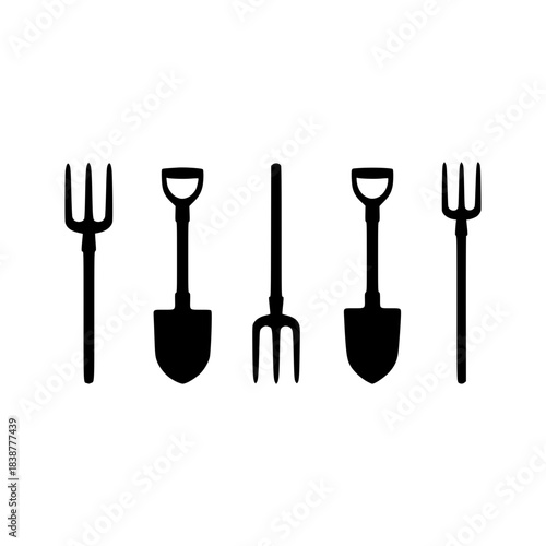 Collection of five gardening tools vector silhouette featuring two pitchforks and three shovels for farming and horticulture.
