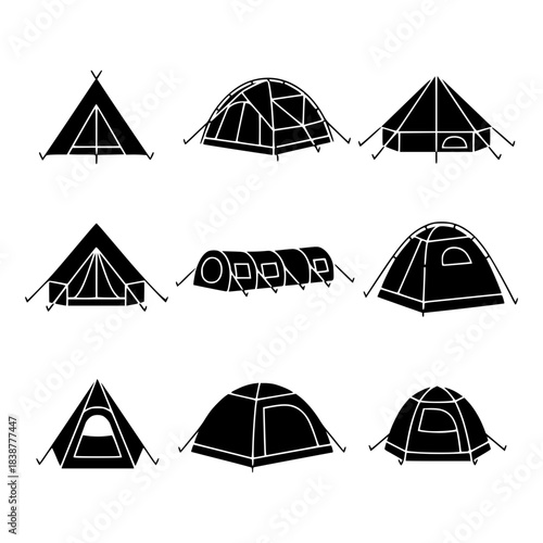 Collection of nine camping tent vector silhouettes, perfect for outdoor adventure, travel, and wilderness exploration