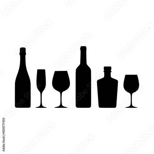 Collection of six alcoholic beverage bottle and glass vector silhouette set featuring various drink containers