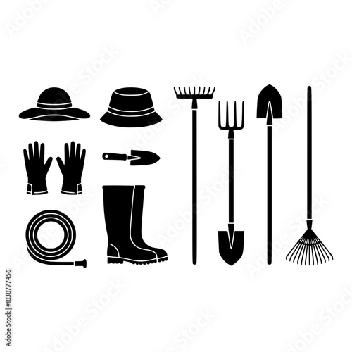 Collection of various gardening tools and apparel depicted as vector silhouettes for horticulture and outdoor work