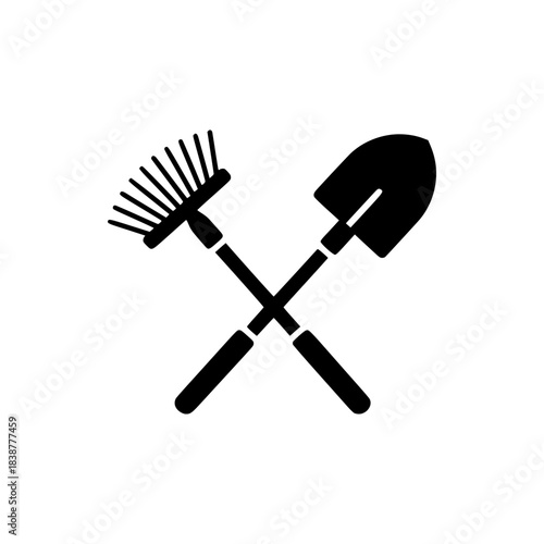 Crossed garden rake and shovel vector silhouette, essential tools for gardening, landscaping, and agricultural work.