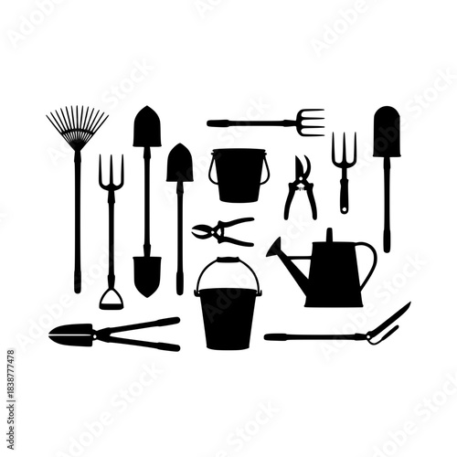 Essential gardening tools vector silhouette illustration for horticulture and outdoor planting activities