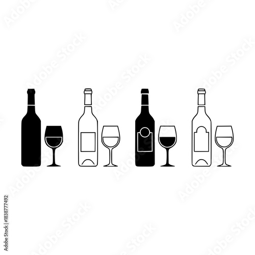 Four distinct vector silhouette representations of wine bottles and glasses for drink menus and bar concepts