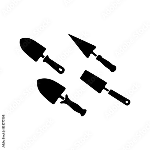Four gardening and masonry trowel vector silhouette icons set for construction, planting, and digging tasks