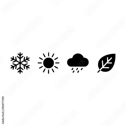 Four season weather icons vector silhouette set showing snowflake sun rain cloud and leaf symbols on a white background