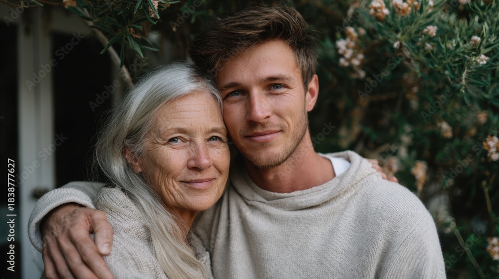 Fototapeta premium An older mother is embracing her adult son with a genuine smile. They are enjoying a warm moment together outdoors in bright daylight with natural surroundings
